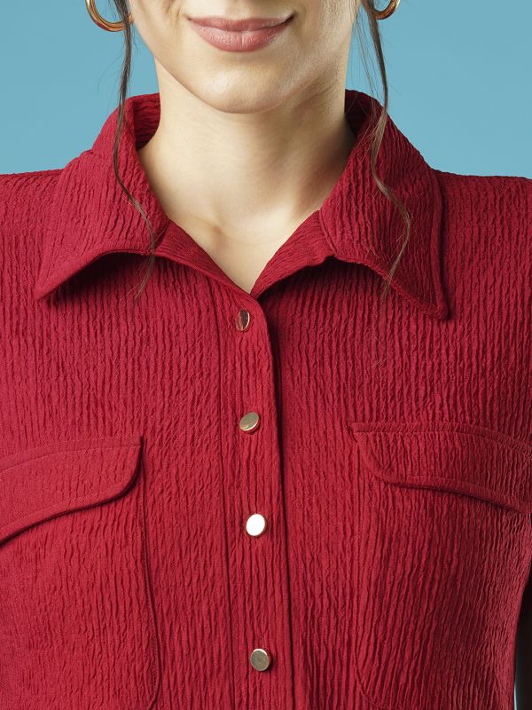 Globus Women Maroon Self Design Shirt Collar Pocket Detail Midi Sheath Dress