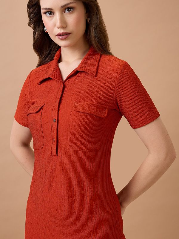 Globus Women Rust Self Design Shirt Collar Pocket Detail Midi Sheath Workwear Dress