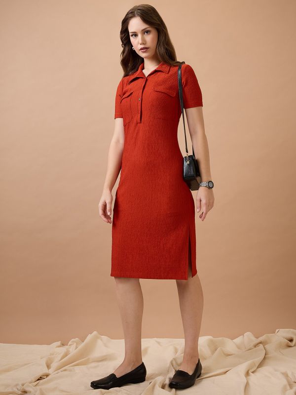 Globus Women Rust Self Design Shirt Collar Pocket Detail Midi Sheath Workwear Dress