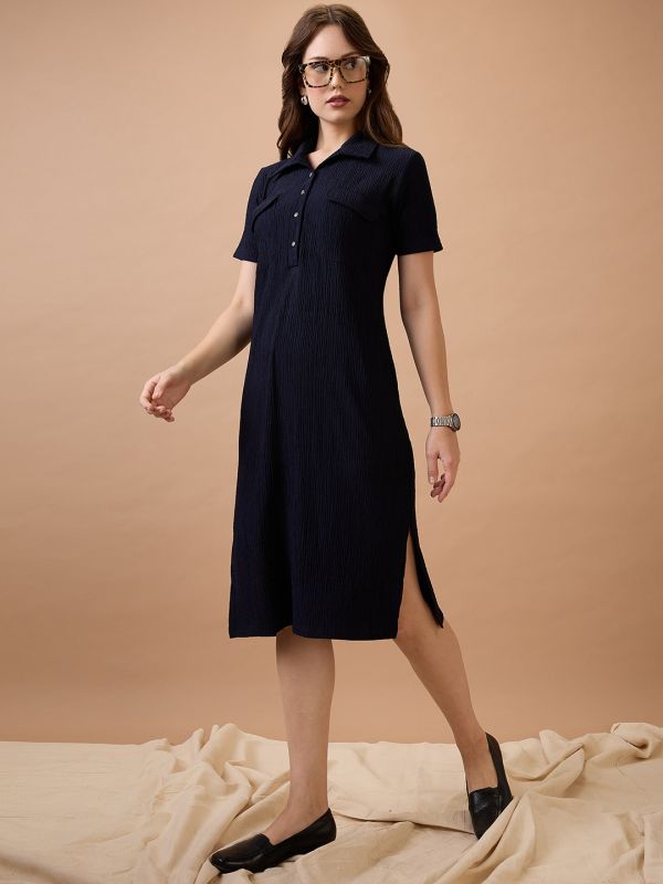 Globus Women Navy Blue Self Design Shirt Collar Pocket Detail Midi Sheath Workwear Dress