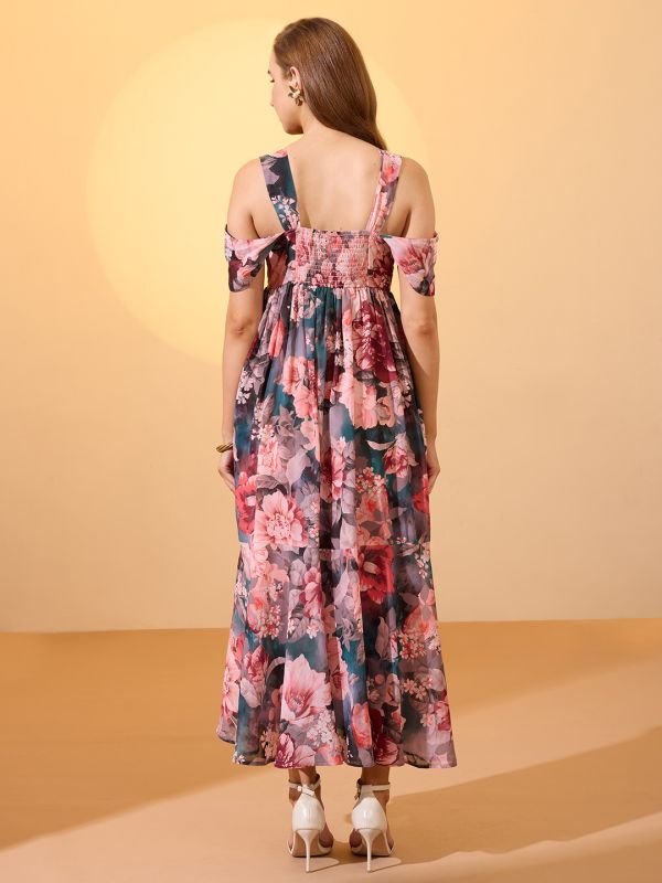 Globus Women Multicolour Floral Printed Square Neck Cold Shoulder Sleeves Smocked Fit & Flare Maxi Dress