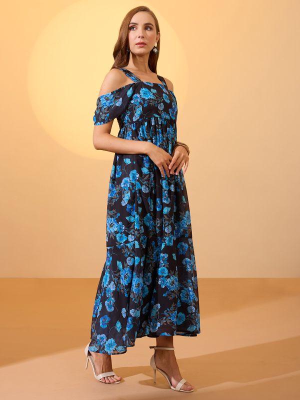 Globus Women Blue Floral Printed Square Neck Cold Shoulder Sleeves Smocked Fit & Flare Maxi Dress