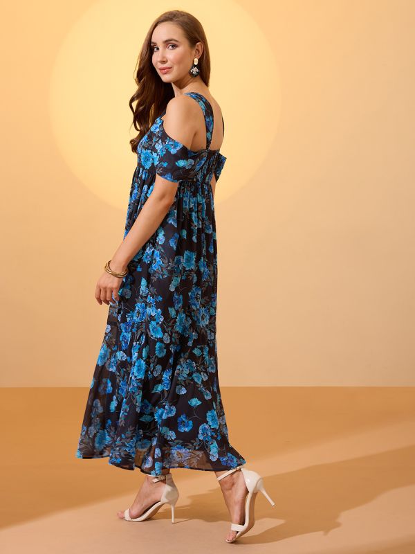 Globus Women Blue Floral Printed Square Neck Cold Shoulder Sleeves Smocked Fit & Flare Maxi Dress