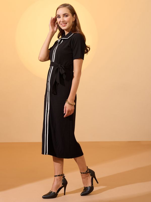 Globus Women Black Collared Neck Short Sleeves Belted Midi Shirt Style Workwear Dress
