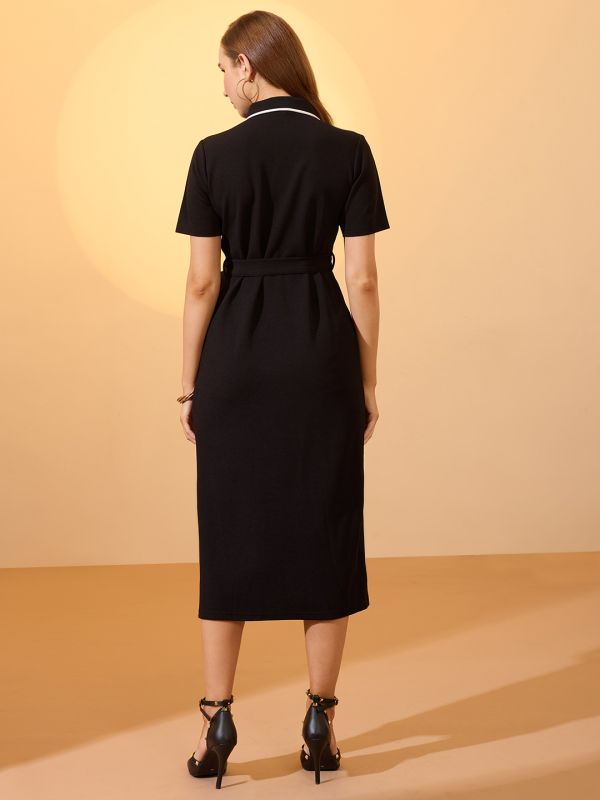 Globus Women Black Collared Neck Short Sleeves Belted Midi Shirt Style Workwear Dress