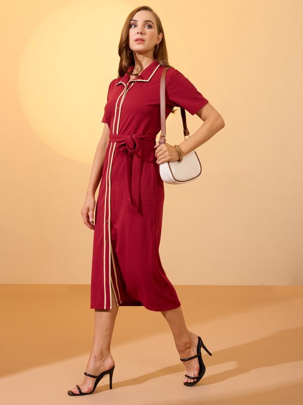 Globus Women Maroon Collared Neck Short Sleeves Belted Midi Shirt Style Workwear Dress