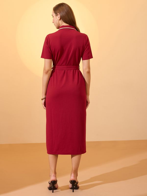 Globus Women Maroon Collared Neck Short Sleeves Belted Midi Shirt Style Workwear Dress