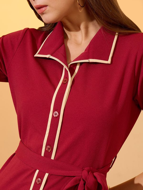 Globus Women Maroon Collared Neck Short Sleeves Belted Midi Shirt Style Workwear Dress