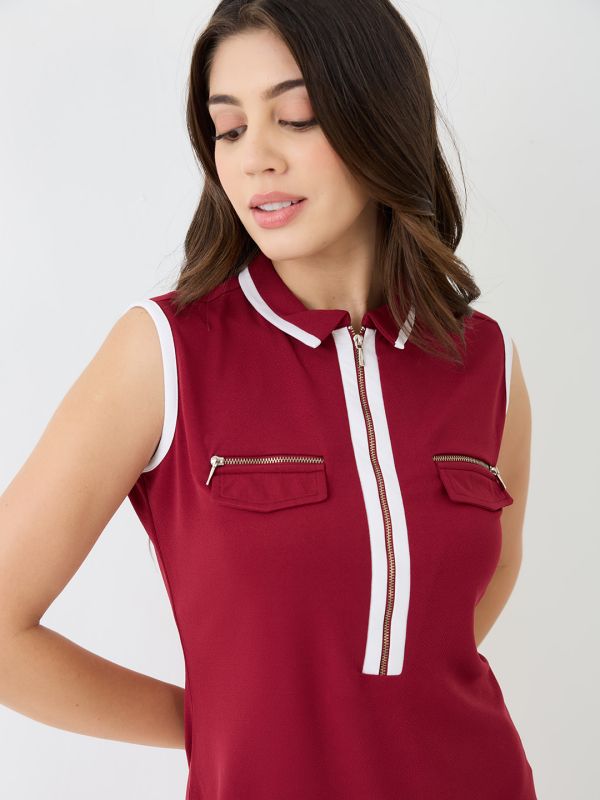 Globus Women Maroon Collared Neck Front Zip Pocket Detail Solid Mini Bodycon Dress