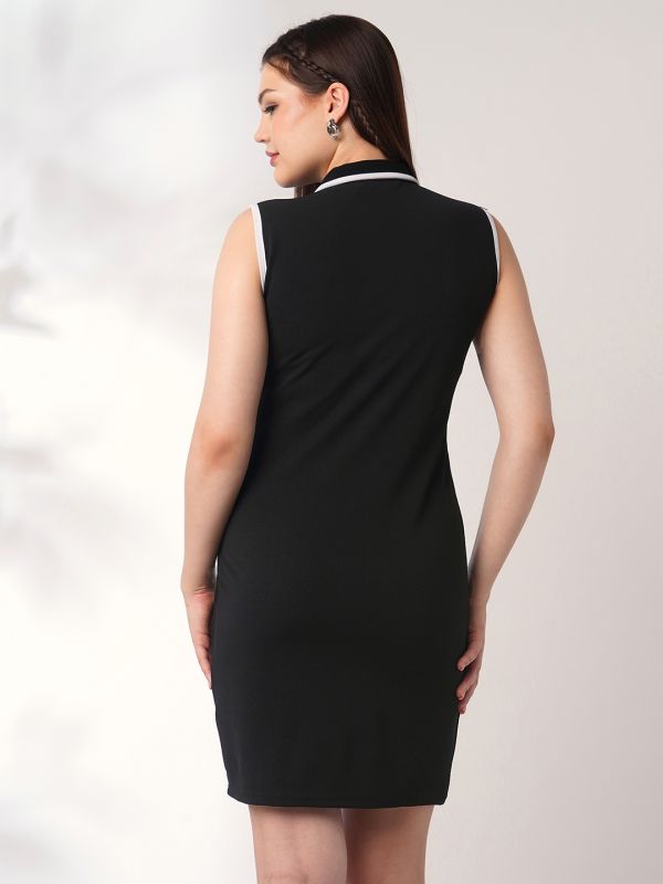 Globus Women Black Collared Neck Front Zip Pocket Detail Solid Mini Bodycon Dress