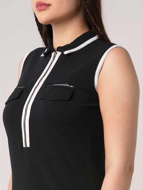 Globus Women Black Collared Neck Front Zip Pocket Detail Solid Mini Bodycon Dress