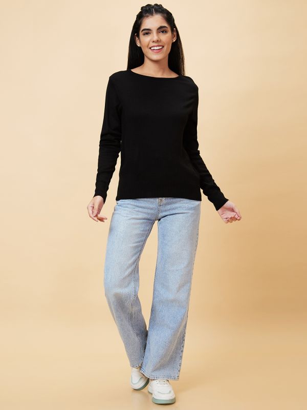 Globus Women Black Solid Round Neck Casual Top