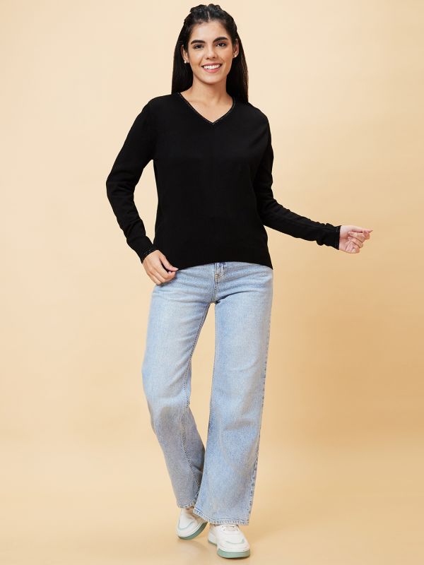 Globus Women Black Shiny V-Neck Design With Ribbed Hem Acrylic Sweater