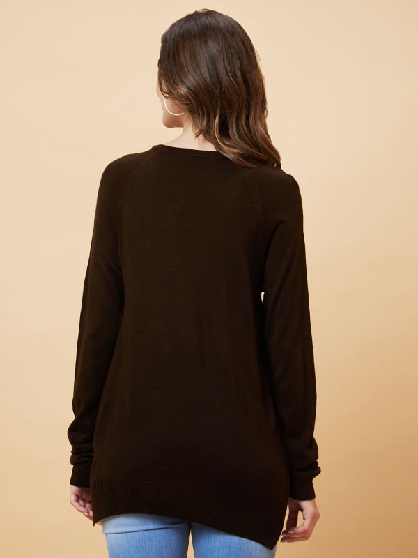 Globus Women Brown Solid Raglan Sleeves Pullover Top