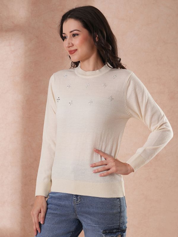 Globus Women White Solid Embellished Round Neck Long Sleeves Pullover Sweater