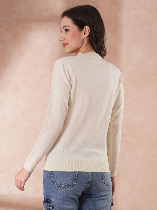 Globus Women White Solid Embellished Round Neck Long Sleeves Pullover Sweater