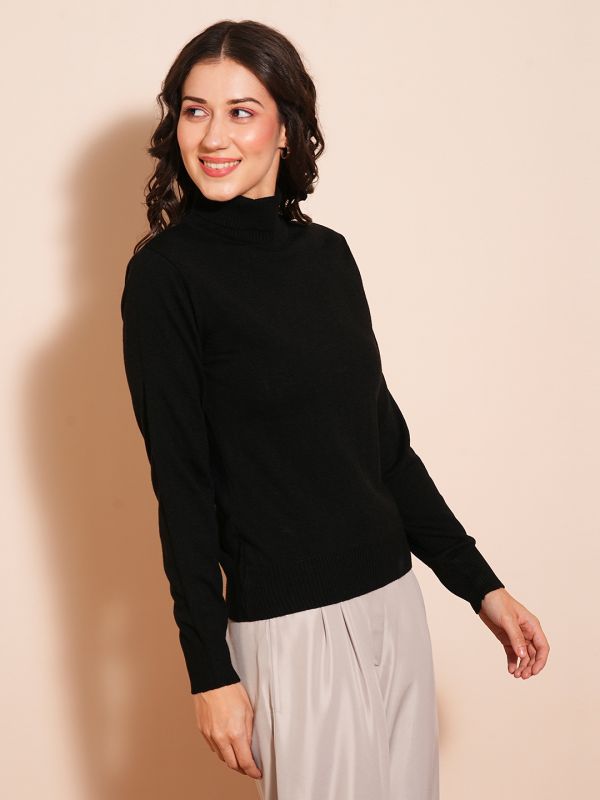 Globus Women Black Solid Full Sleeves Turtle Neck Ribbed Hem Flat Knit Sweater