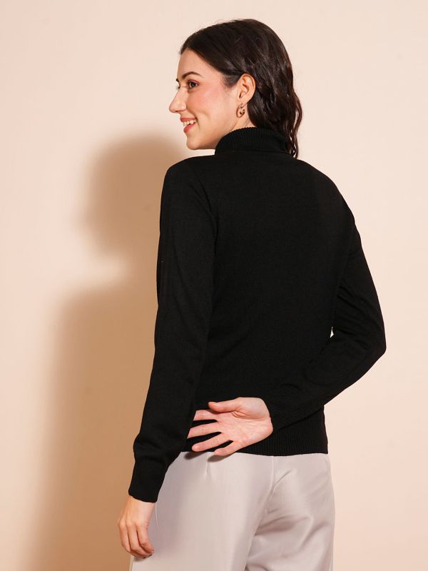 Globus Women Black Solid Full Sleeves Turtle Neck Ribbed Hem Flat Knit Sweater