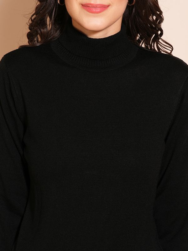 Globus Women Black Solid Full Sleeves Turtle Neck Ribbed Hem Flat Knit Sweater