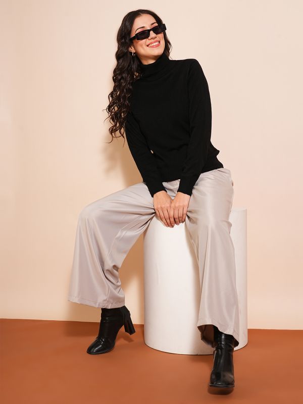 Globus Women Black Solid Full Sleeves Turtle Neck Ribbed Hem Flat Knit Sweater