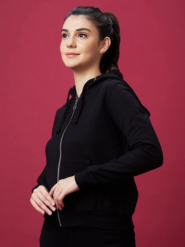 Globus Women Black Solid Casual Zip Front Hooded Drop Shoulder Sweatshirt