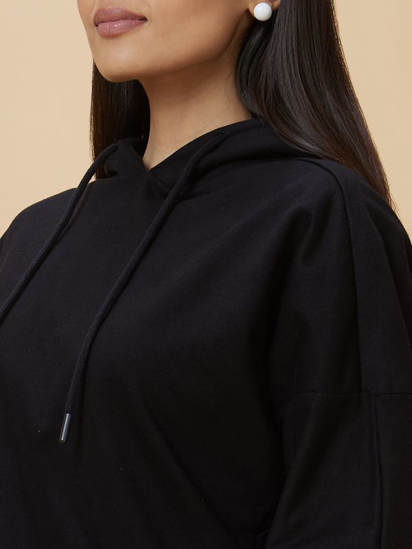 Globus Women Black Casual Hooded Drop Shoulder Full Sleeve Sweatshirt