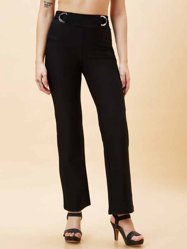 Globus Women Black Solid High-Rise Loose Fit Parallel Trousers