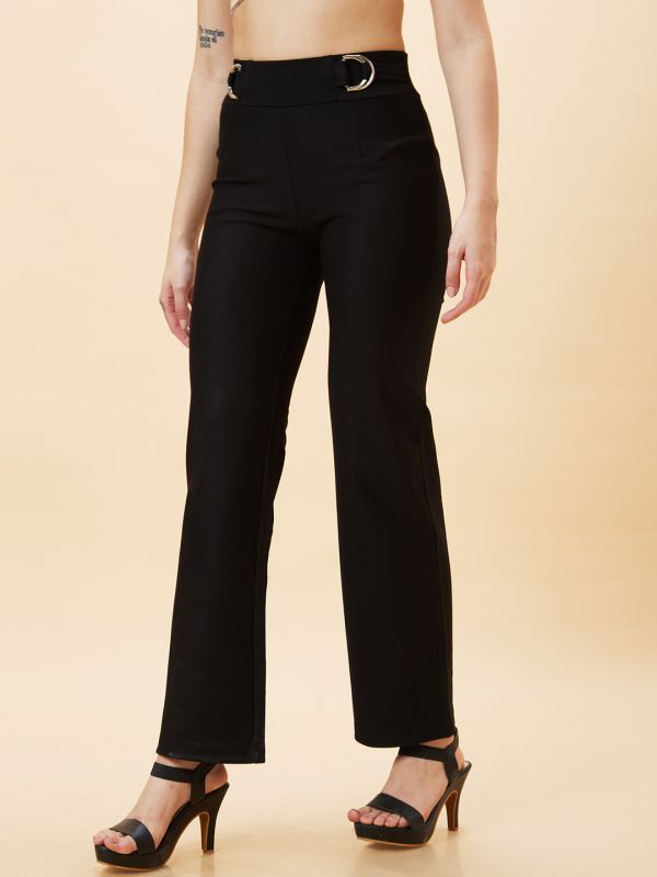 Globus Women Black Solid High-Rise Loose Fit Parallel Trousers
