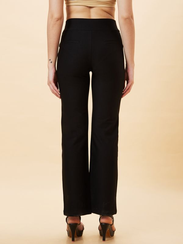 Globus Women Black Solid High-Rise Loose Fit Parallel Trousers