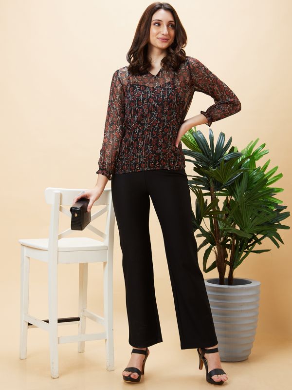 Globus Women Black Solid High-Rise Loose Fit Parallel Trousers