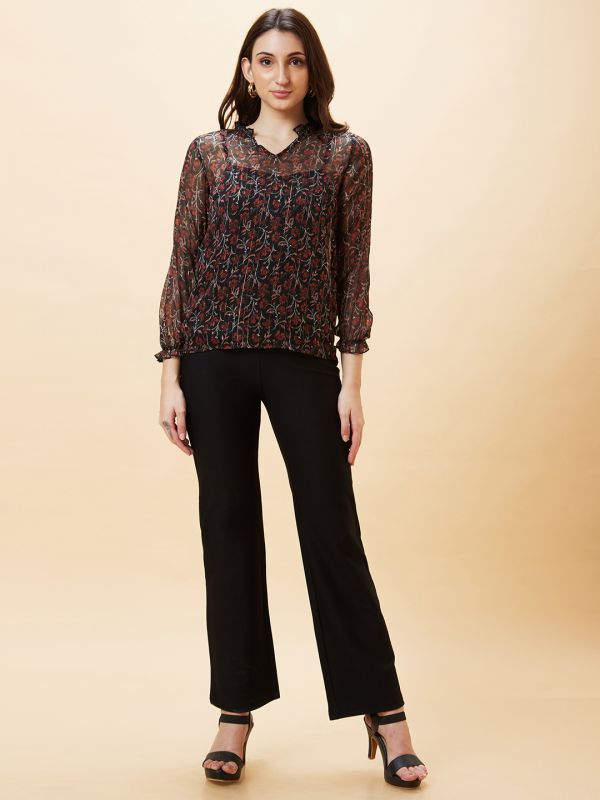 Globus Women Black Solid High-Rise Loose Fit Parallel Trousers