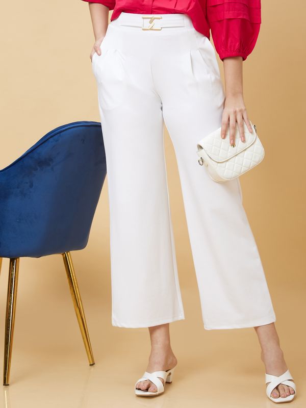 Globus Women White Solid High-Rise Loose Fit Pleated Slip-On Trouser