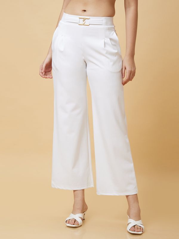 Globus Women White Solid High-Rise Loose Fit Pleated Slip-On Trouser