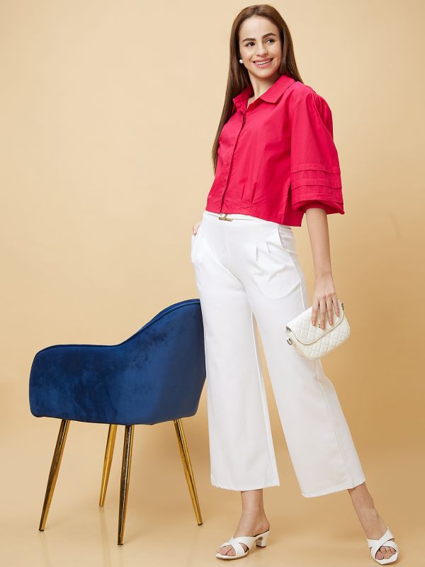 Globus Women White Solid High-Rise Loose Fit Pleated Slip-On Trouser