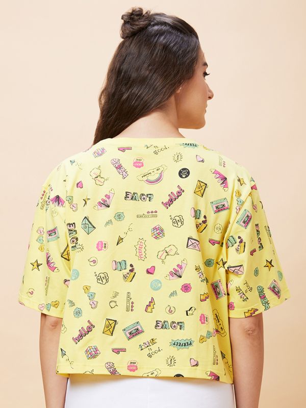 Globus Women Yellow Conversational Print Round Neck Casual Boxy Fit Crop T-Shirt