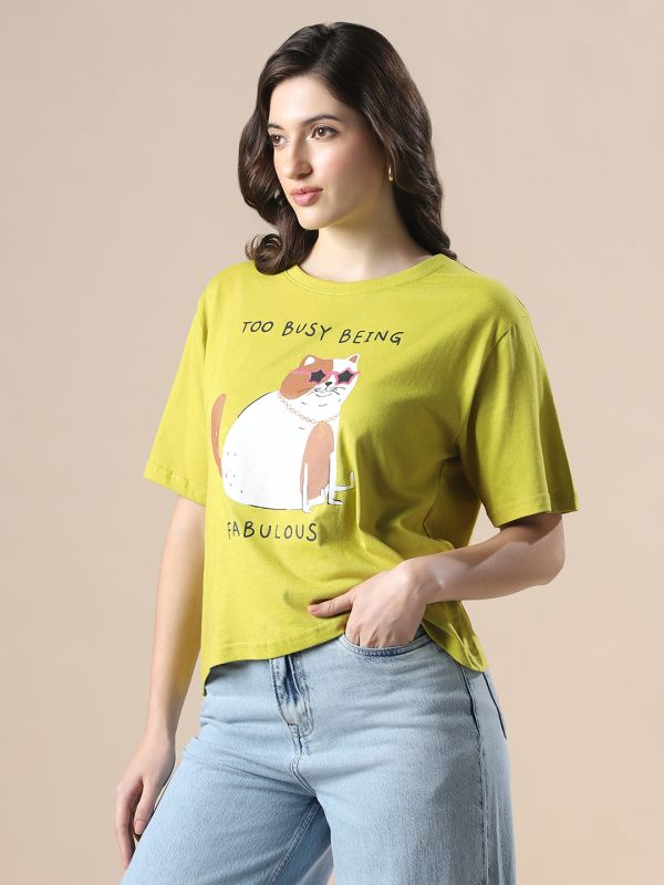Globus Women Green Drop Shoulder Graphic Printed Oversized Trendy Crop T-Shirt