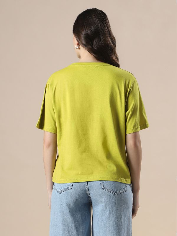 Globus Women Green Drop Shoulder Graphic Printed Oversized Trendy Crop T-Shirt