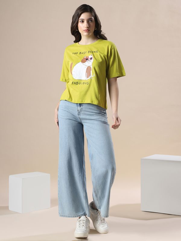 Globus Women Green Drop Shoulder Graphic Printed Oversized Trendy Crop T-Shirt