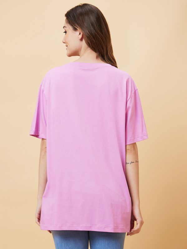 Globus Women Lilac Graphic Print Round Neck Oversized Casual T-Shirt