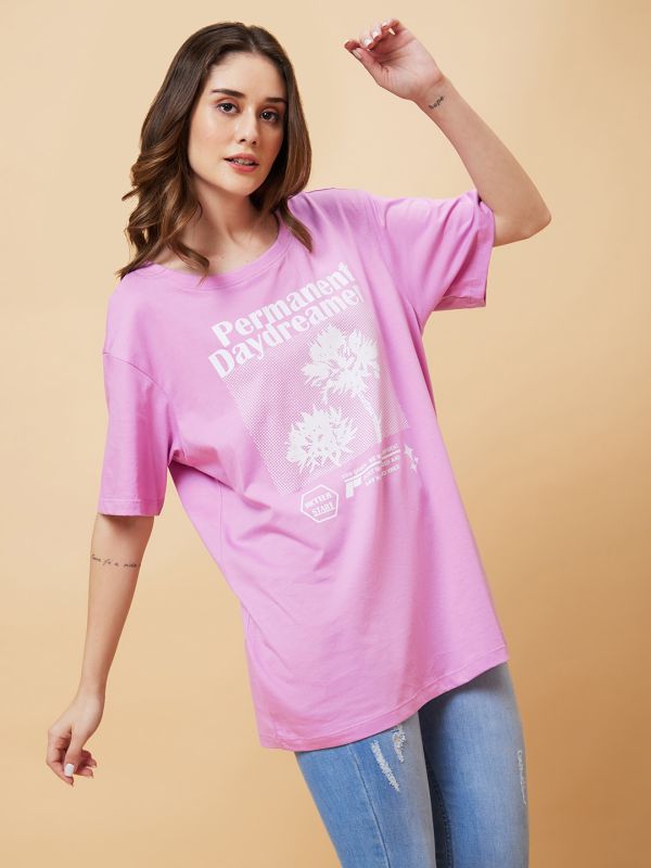 Globus Women Lilac Graphic Print Round Neck Oversized Casual T-Shirt