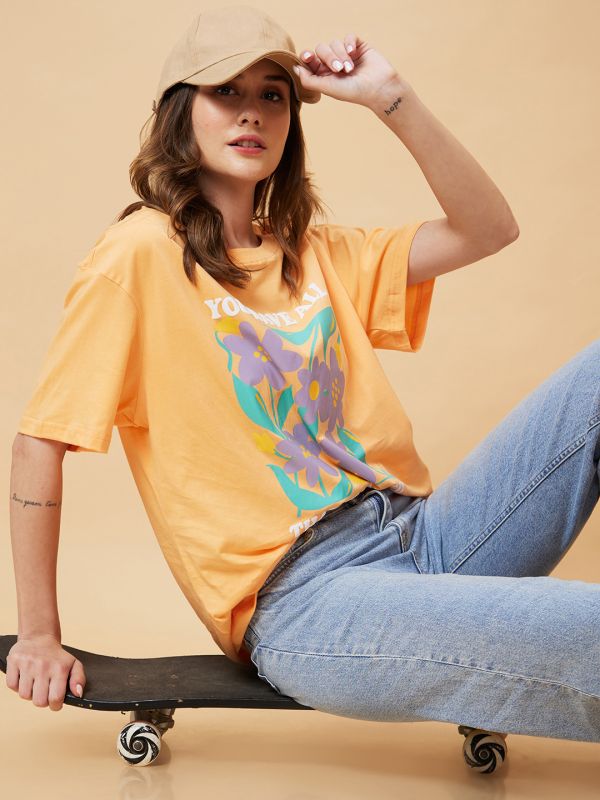 Globus Women Orange Graphic Print Round Neck Oversized Casual T-Shirt