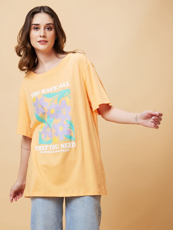 Globus Women Orange Graphic Print Round Neck Oversized Casual T-Shirt