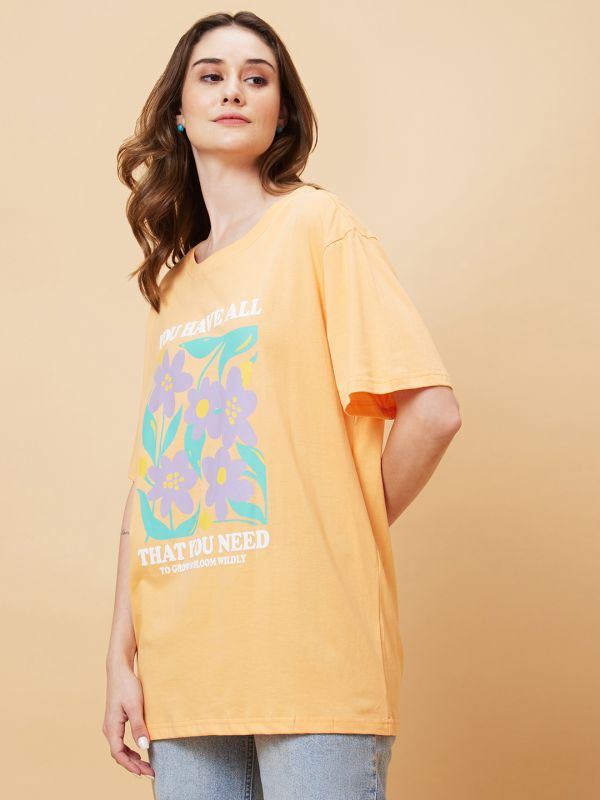 Globus Women Orange Graphic Print Round Neck Oversized Casual T-Shirt