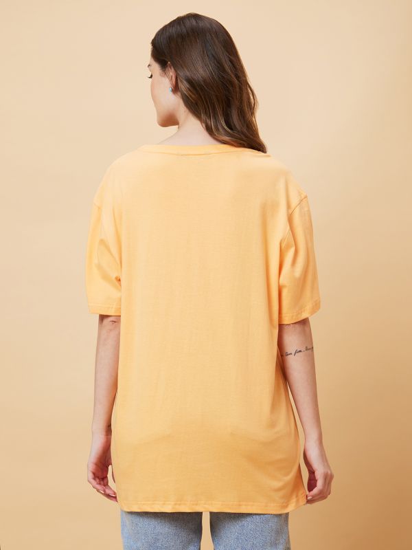 Globus Women Orange Graphic Print Round Neck Oversized Casual T-Shirt