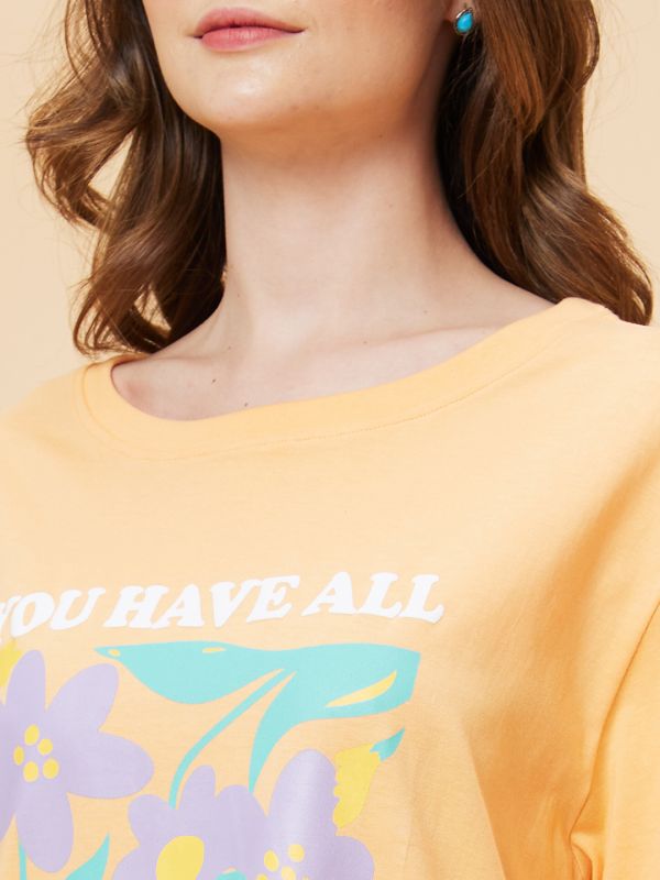 Globus Women Orange Graphic Print Round Neck Oversized Casual T-Shirt