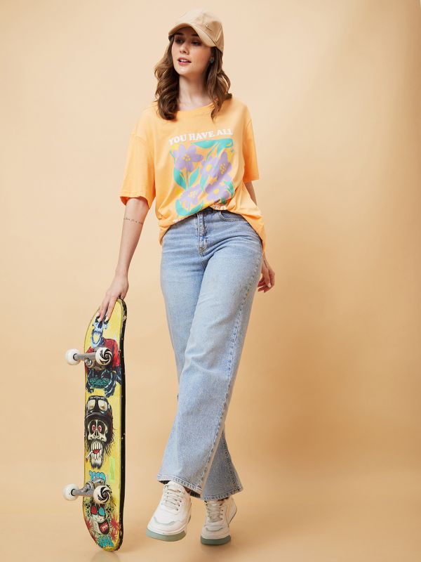 Globus Women Orange Graphic Print Round Neck Oversized Casual T-Shirt