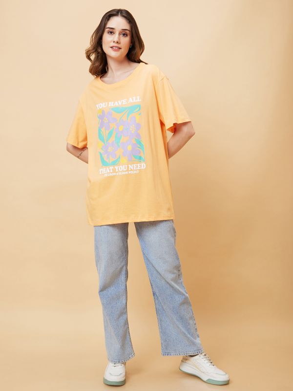 Globus Women Orange Graphic Print Round Neck Oversized Casual T-Shirt