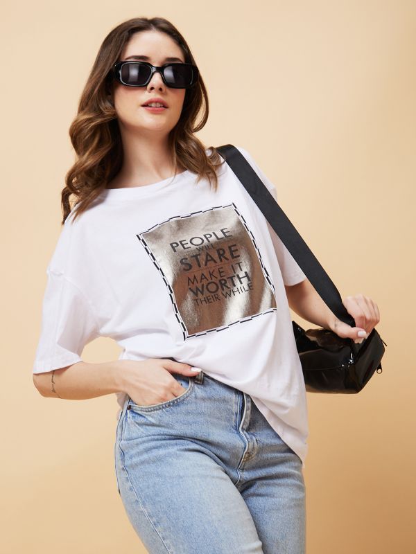 Globus Women White Typography Print Round Neck Boxy Fit Casual T-Shirt