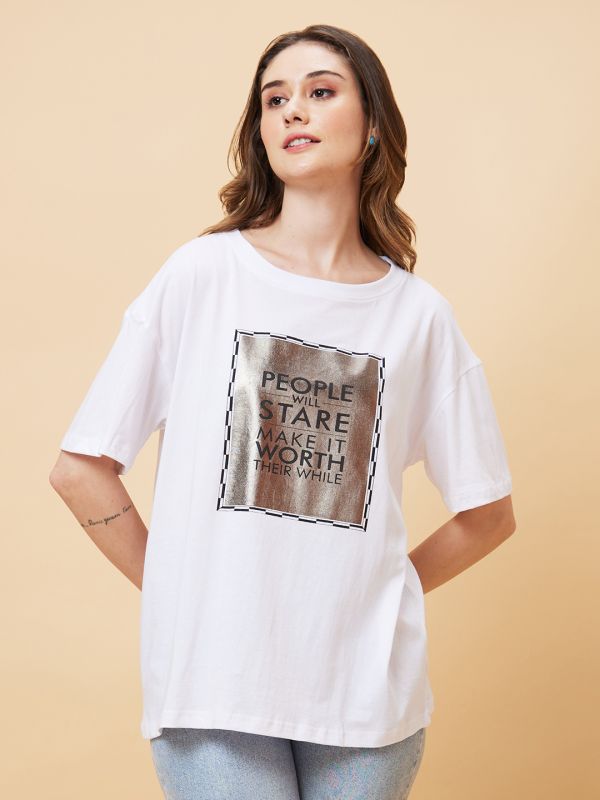 Globus Women White Typography Print Round Neck Boxy Fit Casual T-Shirt