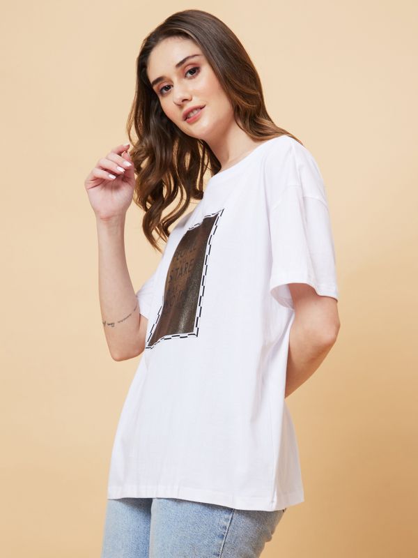 Globus Women White Typography Print Round Neck Boxy Fit Casual T-Shirt